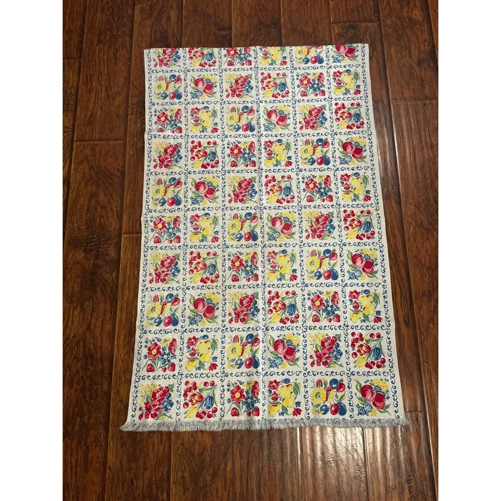 Vintage Fruit Floral Tile Print‎ Fringed Linen Kitchen Towel Table Runner 47x29